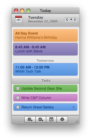 today mainwindow.png - fonte: Today — Mac OS X Software for iCal Events and Tasks from Second Gear (http://www.secondgearsoftware.com/today/)