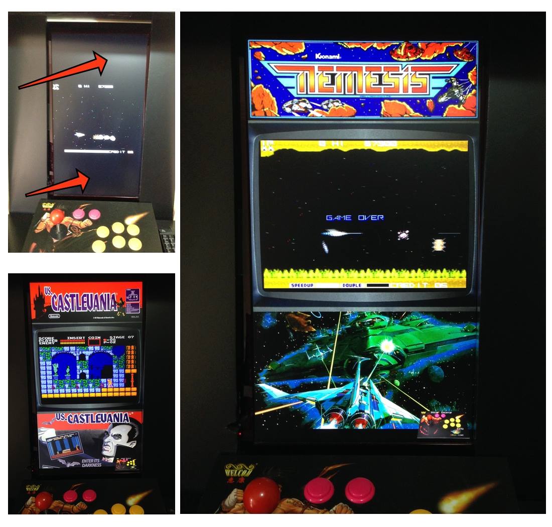 Montagem de 3 fotos da tela do fliperama (ainda desconectada do gabinete), sendo uma delas mostrando o jogo Nemesis com as faixas escuras acima e abaixo da tela do jogo, a outra mostrando o mesmo jogo, mas com o espaço das faixas ocupado por artes da máquina original, e a terceira mostrando o jogo Castlevania com as artes da máquina original.
