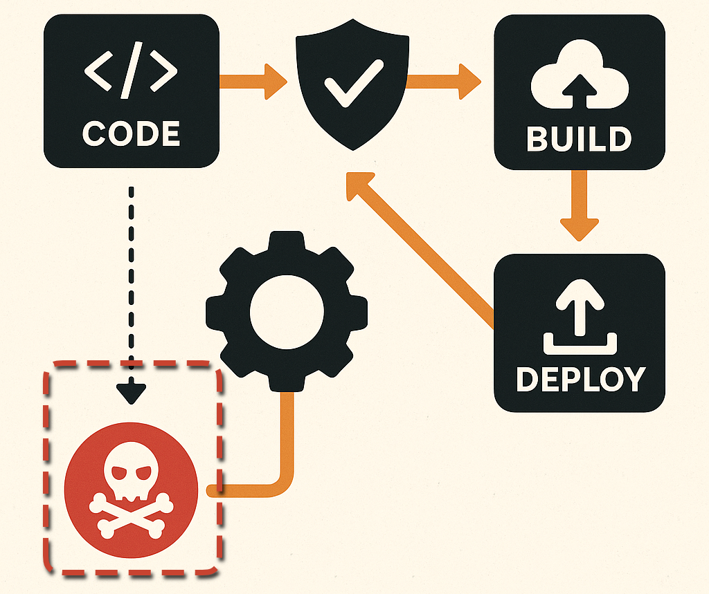 Um diagrama de fases de desenvolvimento e distribuição de software, no qual foi inserida uma etapa adicional, na forma de um crânio com 2 ossos cruzados