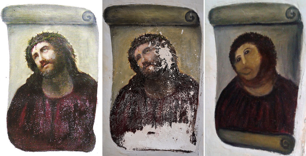 Imagens da famosa tentativa amadora fracassada de restauração da pintura 'Ecce Homo' por Cecilia Gimenez, que a deixou disforme e muito pior do que o estado em que se encontrava.