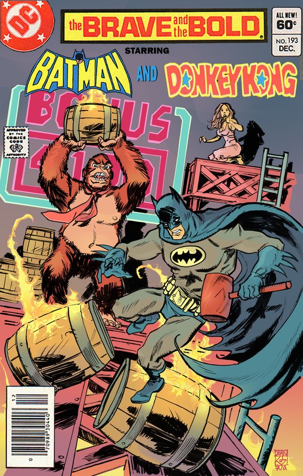 Capa da edição 193 da revista The Brave and The Bold, exibindo uma cena de história em quadrinhos em que o Donkey Kong se prepara para arremessar um barril em direção ao Batman, enquanto a prisioneira Pauline observa indefesa