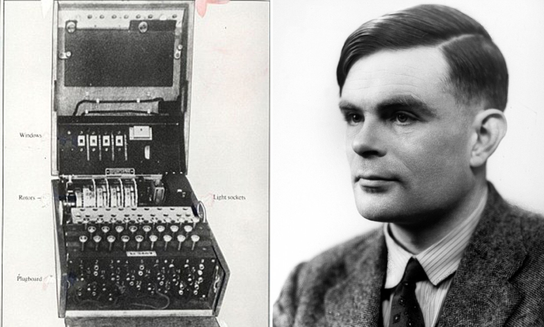 Uma máquina Enigma, e Alan Turing