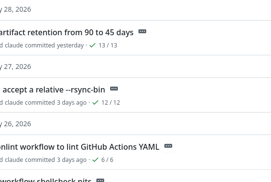 Fragmento de uma listagem de commits do rsync