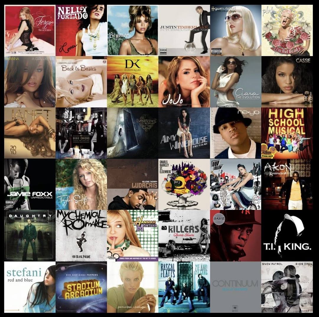 Um mosaico de 36 capas de discos de pop e rock