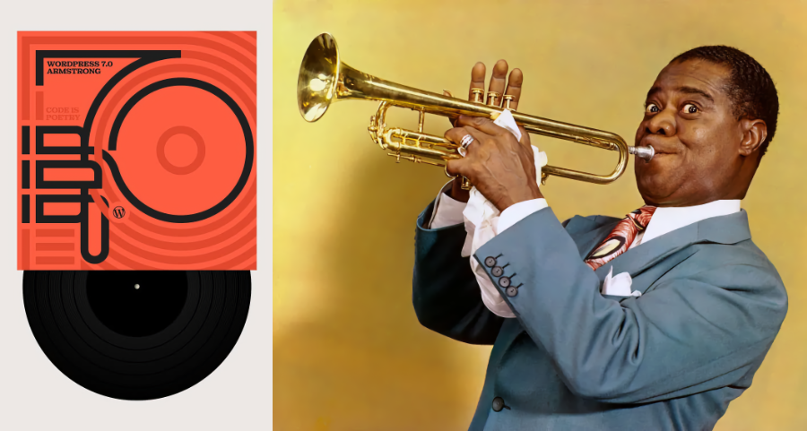 Foto de Louis Armstrong tocando seu instrumento de sopro, cornetando um banner do WordPress 7