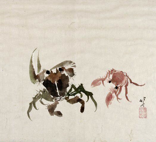 Pintura em estilo japonês mostrando 2 caranguejos, em cores preta a vermelha.