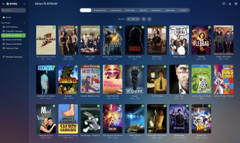 Print de uma coleção de mídia chamada Séries Platinum, contendo 26 itens, com nomes como Wednesday, Taken, Pernalonga, Mad About You e Derry Girls