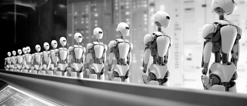 uma fila de robôs em frente a um datacenter