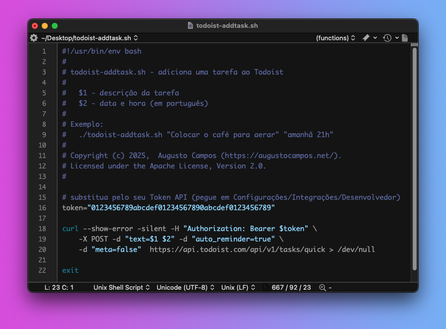 printo do BBEdit mostrando o código-fonte completo do meu script todoist-addtask.sh, também disponível em um link acessível, logo abaixo dessa imagem.