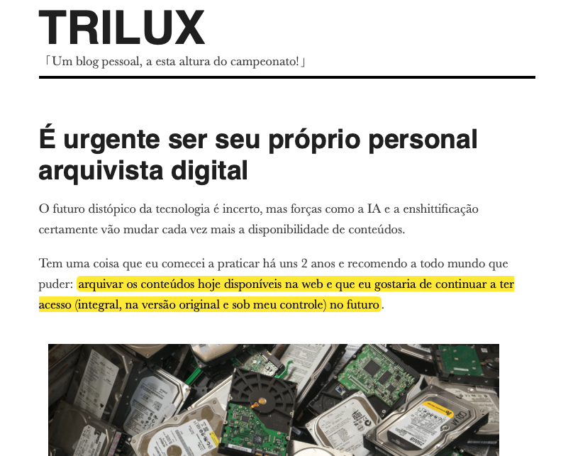 Print do layout anterior do Trilux.org, com fontes serifadas