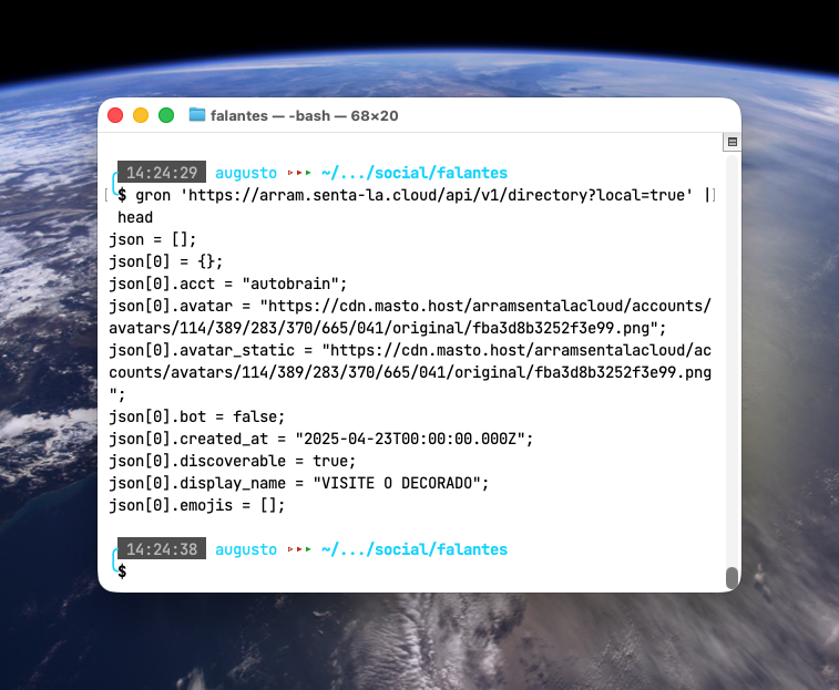 Tela de terminal mostrando o comando gron especificado acima, e com resposta descrita logo abaixo, no texto do post.
