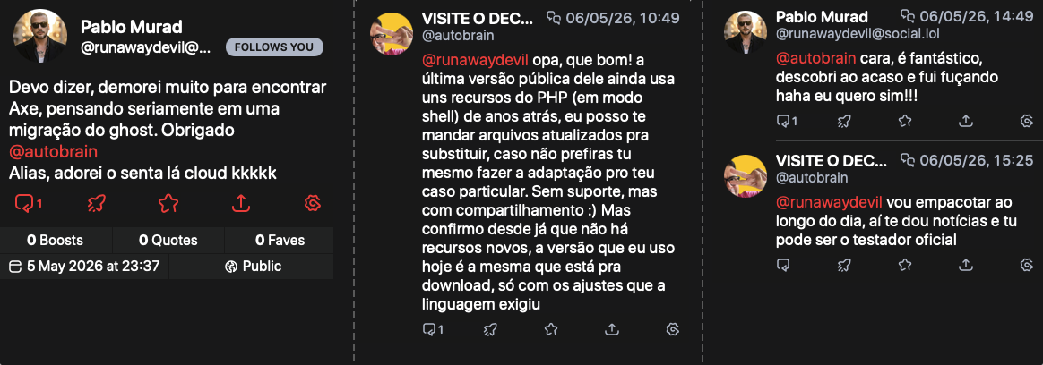 print da conversa on-line do link acima, entre usuário interessado e o autor do Axe, falando sobre empacotar uma versão atualizada