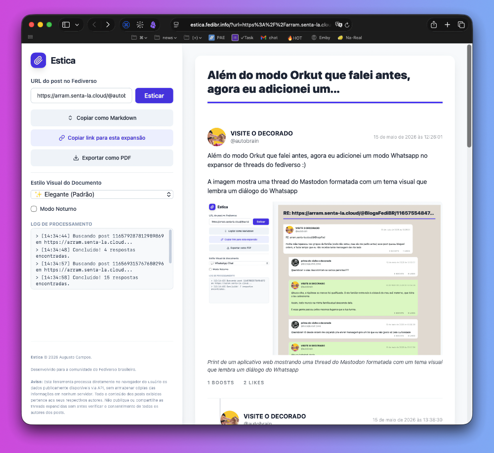 Janela do aplicativo Estica, mostrando o primeiro post de uma thread expandida, e a interface de operação