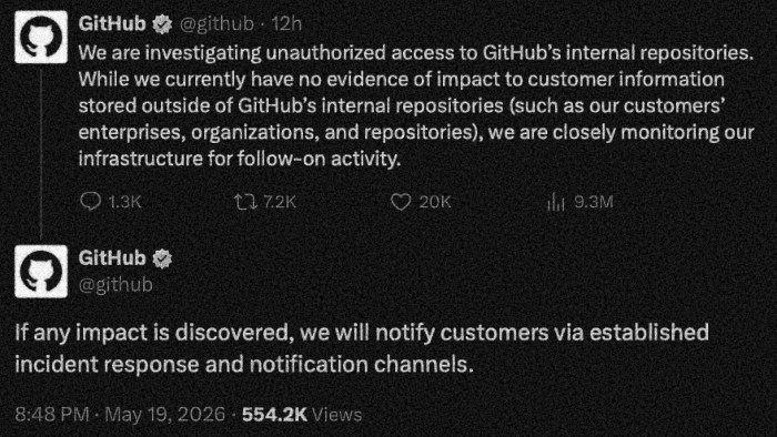 We are investigating unauthorized access to GitHub's internal repositories.<br />
While we currently have no evidence of impact to customer information stored outside of GitHub's internal repositories (such as our customers' enterprises, organizations, and repositories), we are closely monitoring our infrastructure for follow-on activity. If any impact is discovered, we will notify customers via established incident response and notification channels.