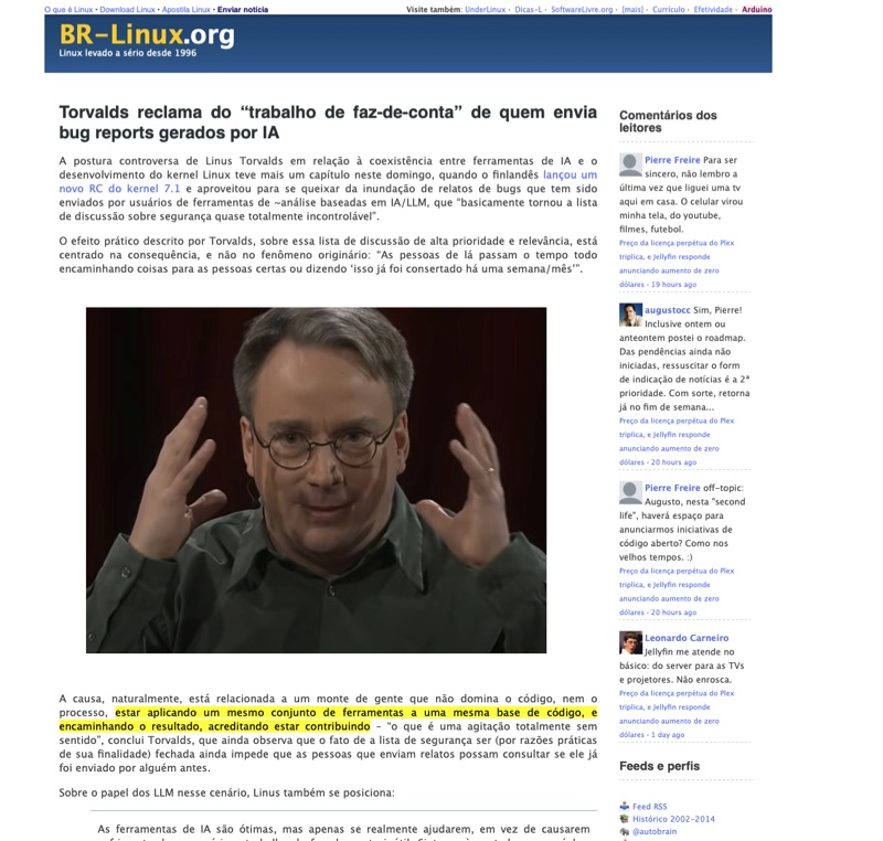 Print de uma tela do navegador exibindo um post sobre Linus Torvalds