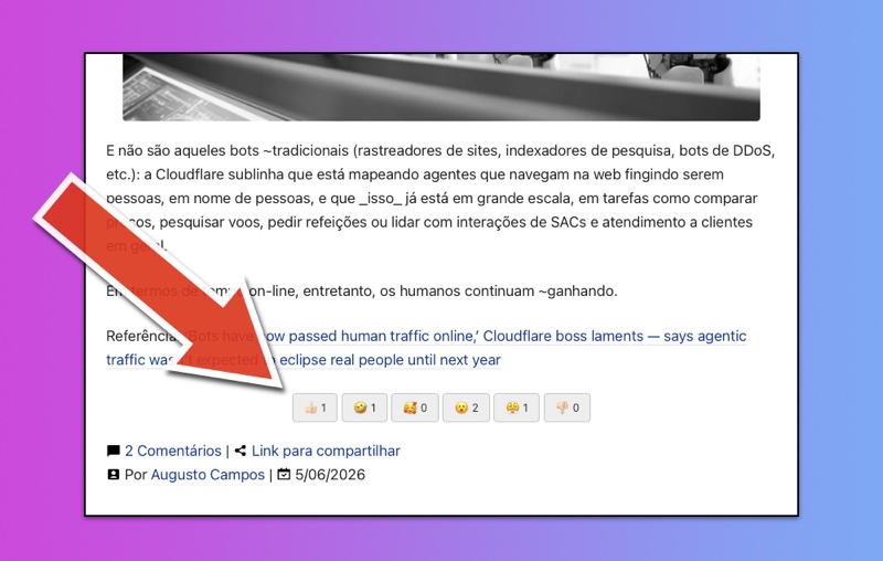 Print de um post do BR-Linux mostrando os emojis de joinha, riso, corações, etc., e um número ao lado de cada um deles.