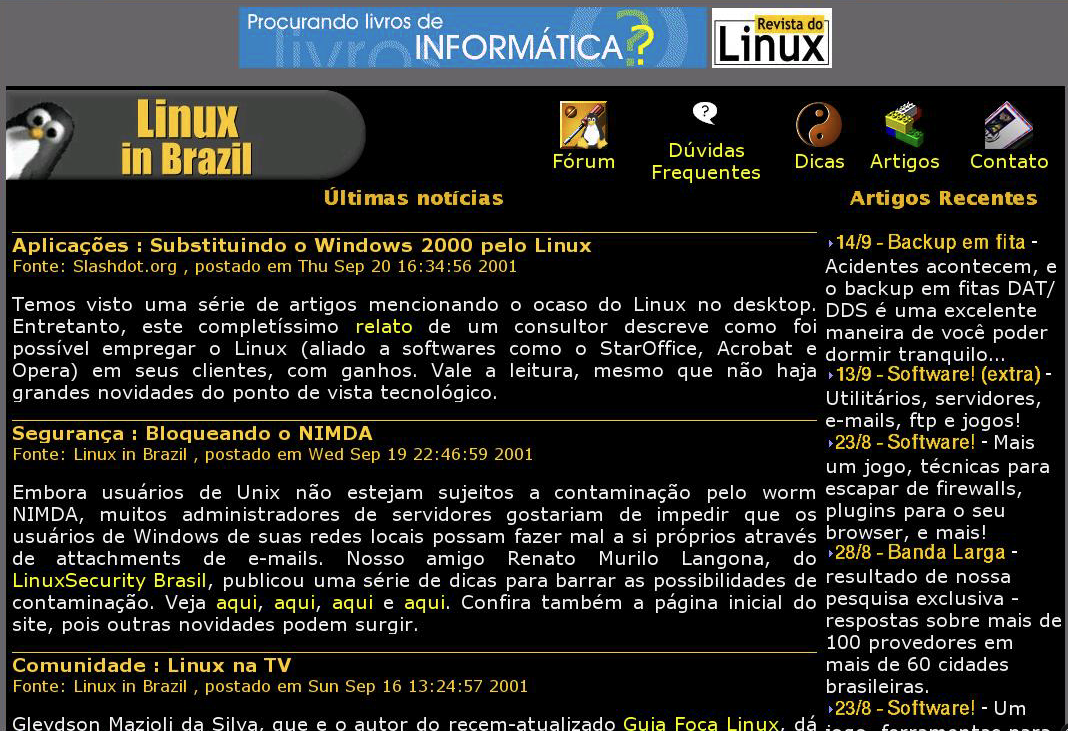 Print do site ainda com tela de fundo escuro, e o nome de Linux in Brazil