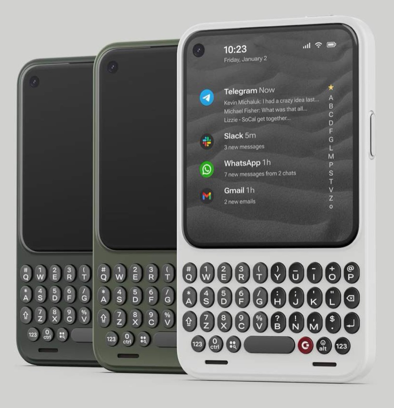 Imagens mostrando como se parecerá o celular, com tela quadrada e um teclado físico, alfanumérico, abaixo dela.