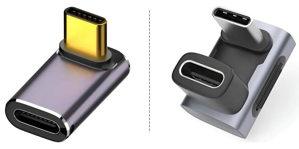 Dois adaptadores USB C em ângulo, sendo um em formato de joelho (90º) e o outro em U (180%)