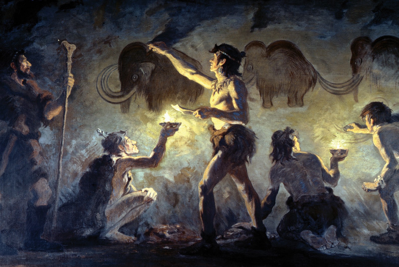 Ilustração de homens das cavernas fazendo pinturas rupestres