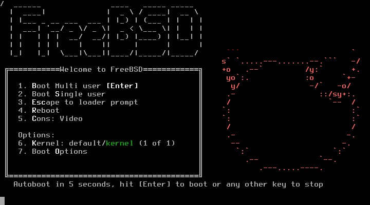 Imagem de um console exibindo o gerenciador de boot do FreeBSD
