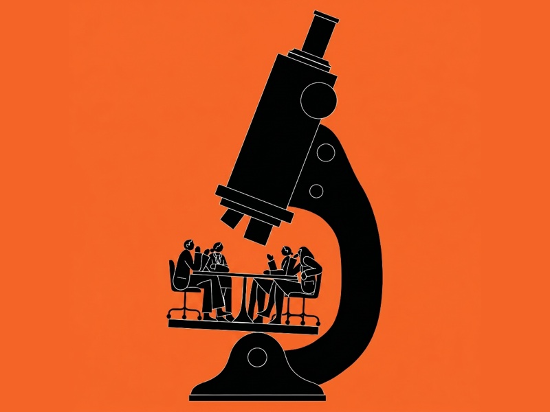 Ilustração de um microscópio observando a reunião de uma equipe.