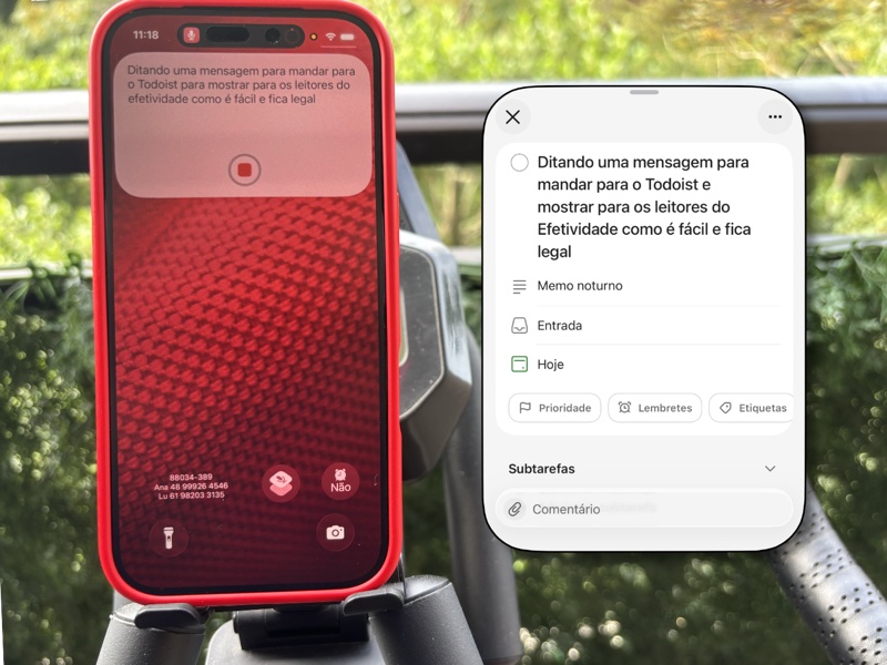 Foto de um aparelho de celular em um suporte de uma bicicleta de exercícios, com a mata ao fundo, e uma tela do Todoist sobreposta.
