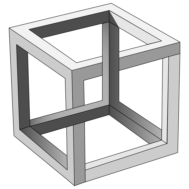 ilustração 3D de uma figura geométrica impossível, em formato que lembra o da representação 2D de um cubo.
