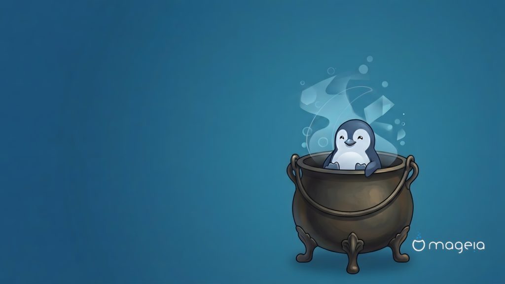 Wallpaper com um pinguim emergindo de um caldeirão, em tons azuis