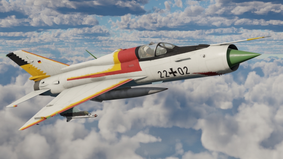 Uma aeronave MiG-21 com as cores da força aérea da Alemanha Oriental