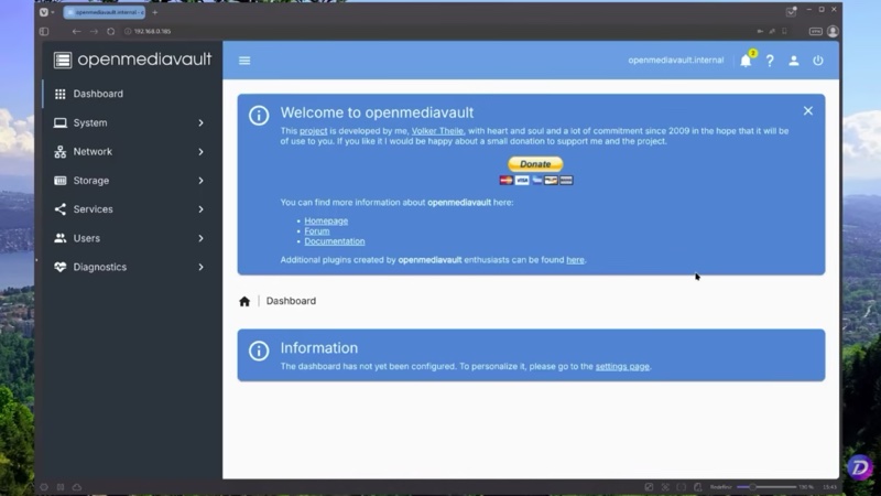 Foto de uma tela do OpenMediaVault no notebook usado no artigo