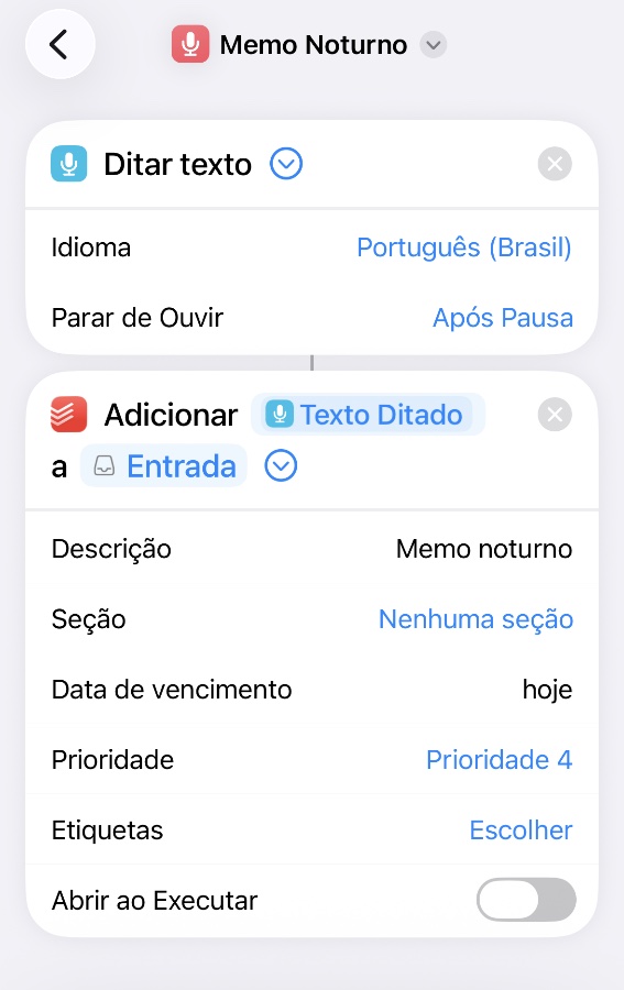 Print de ferramenta Atalhos mostrando um atalho com duas ações