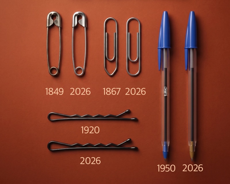 clips, alfinete de segurança, grampo de cabelo e caneta Bic, em suas versões originais e modernas, idênticas