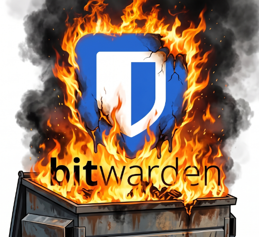 Ícone do BitWarden em meio a um incêndio em um container de reciclagem