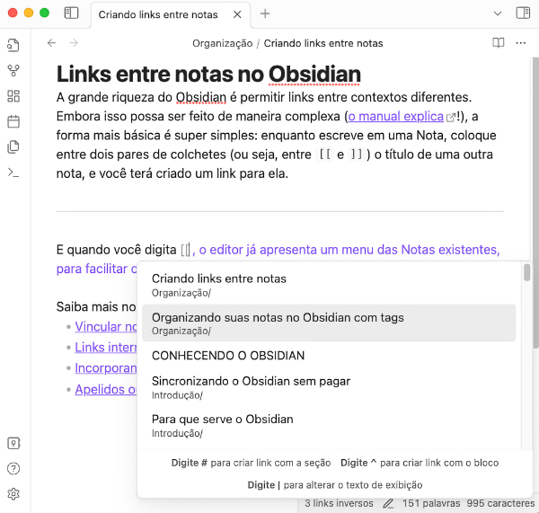 print do Obsidian exibindo o menu de notas para links que aparece quando pressionamos duas vezes o abre colchetes