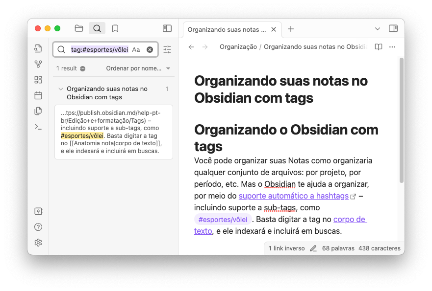 Interface do Obsidian mostrando, na barra lateral, a busca por tags