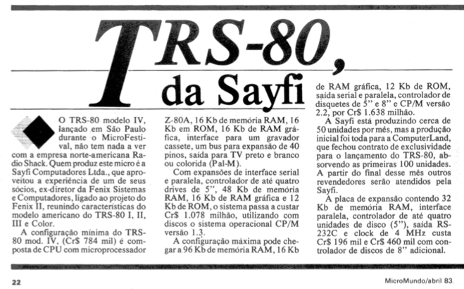 Matéria da MicroMundo de abril de 1983 descrevendo o “TRS-80 da Sayfi”