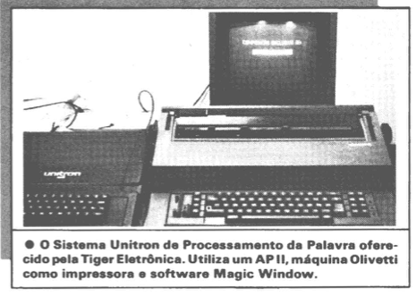 Nota da revista MicroMundo de Abril de 1983 mostrando e descrevendo o Sistema Unitron de Processamento de Palavra