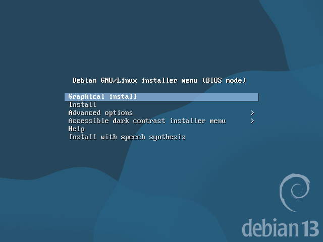 Menu de instalação do Debian 13