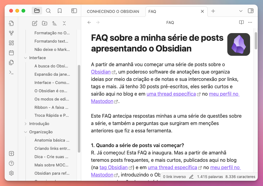 Print da tela do Obsidian mostrando esta FAQ enquanto estava em edição