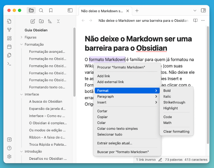 print de tela do Obsidian mostrando as opções de formatação de texto em seu menu popup