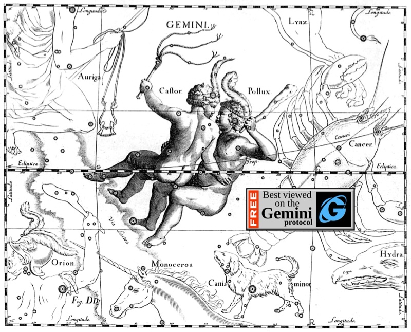 Ilustração da constelação de Gêmeos com banner do Gemini
