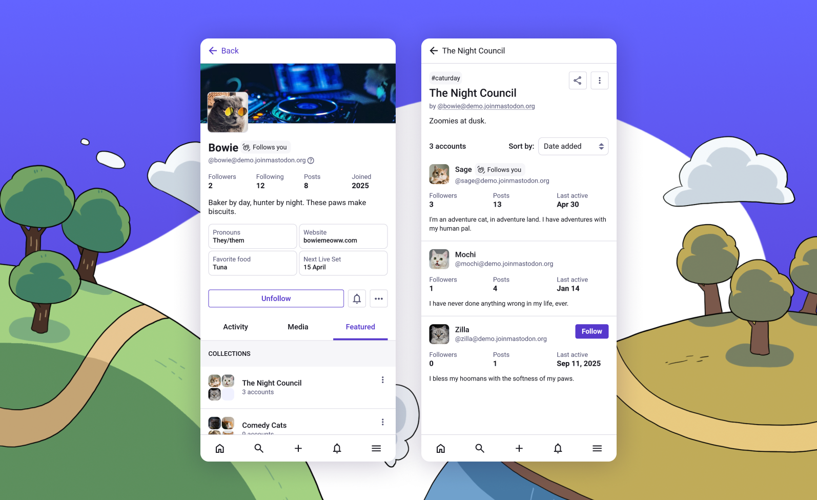 Dois prints da interface do Mastodon