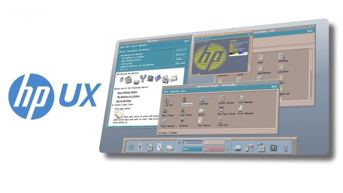Logotipo do HP-UX e tela de uma estação HP rodando o ambiente gráfico CDE