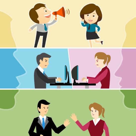 Três ilustrações, em estilo quadrinhos, mostrando variadas formas e atitudes na comunicação interpessoal