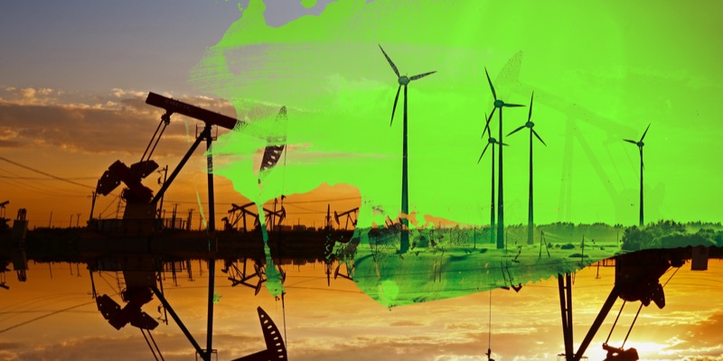 Ilustração sobrepõe uma mancha verde com torres de energia eólica sobre uma foto de um campo petrolífero