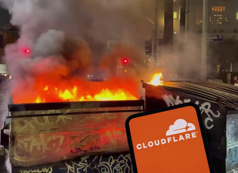 Celular com o logo da Cloudflare, em frente a um container de lixo pegando fogo