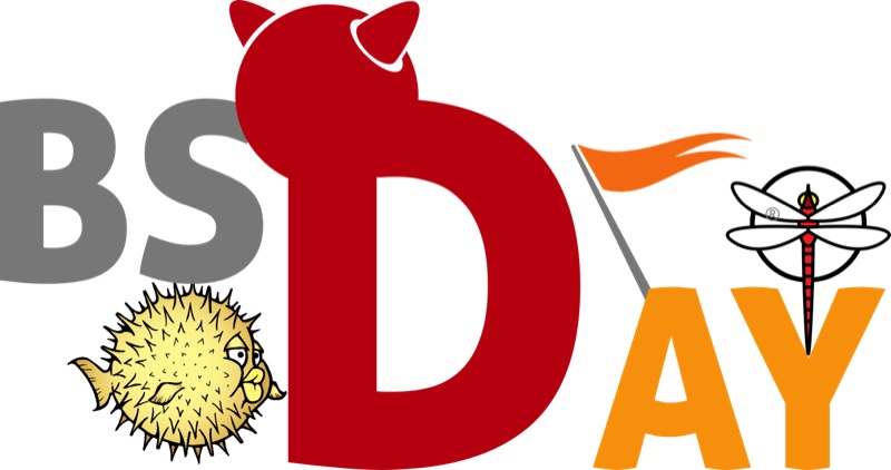 Logo do BSDDay com alusão aos logos e mascotes de sistemas operacionais da família BSD