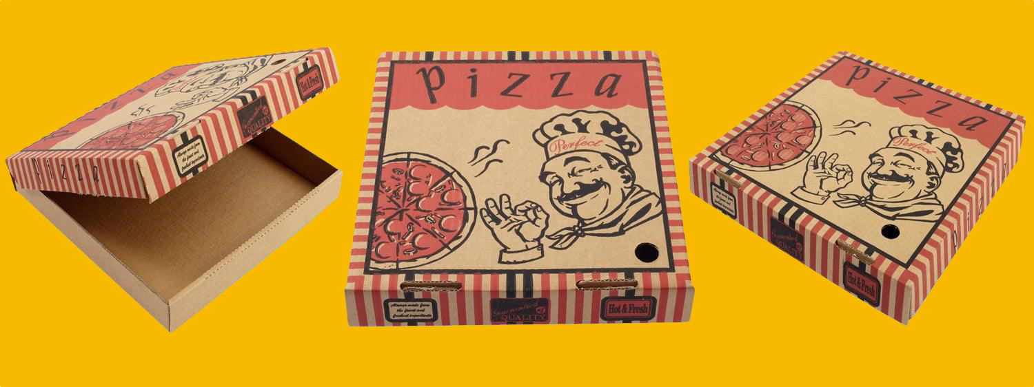 Uma caixa de pizza tradicional, de papelão, genérica, vista de 3 ângulos diferentes