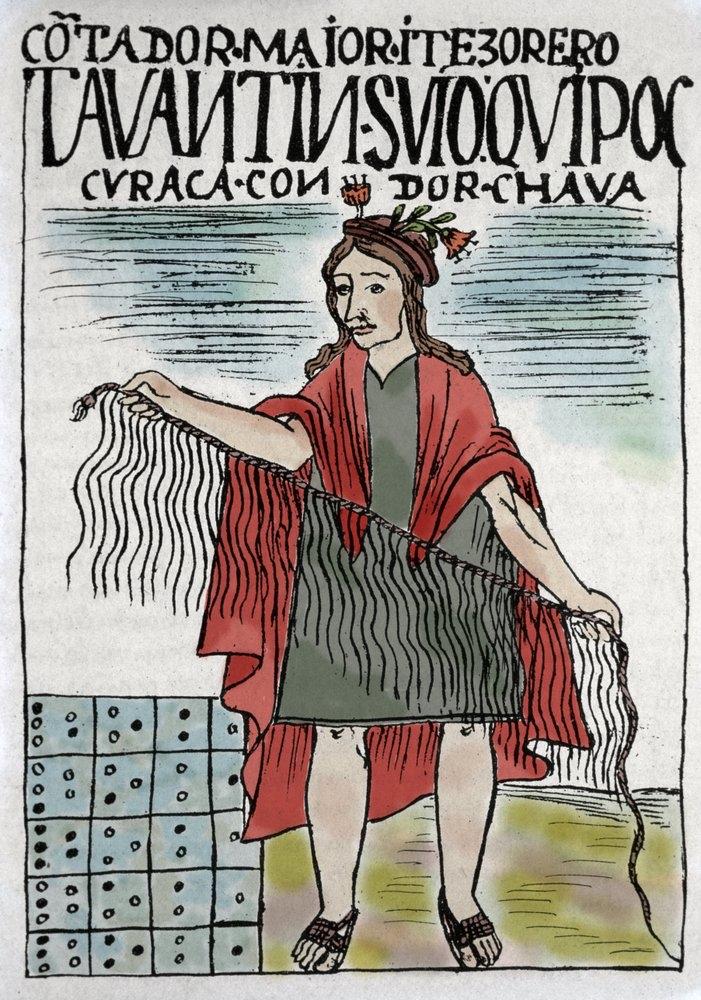 Ilustração do século XVI mostra um inca segurando um quipu, e apresenta um exemplo de decodificação dos nós.